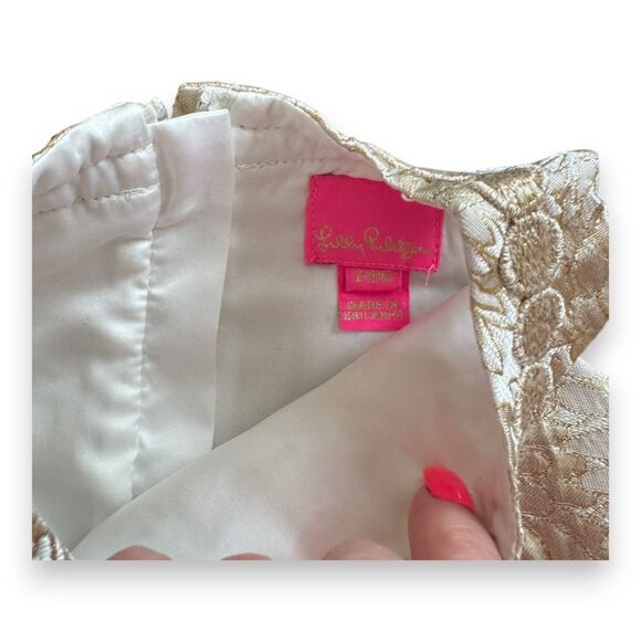 Lilly Pulitzer Gold Foil Shift Dress Palm Trees 12-18 Months VGUC - Picture 3 of 3